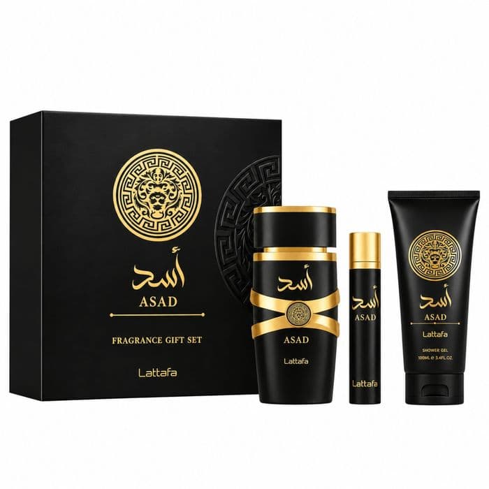 Kit Lattafa Asad: Eau de Parfum 100ml + 12ml + Shower Gel 100ml